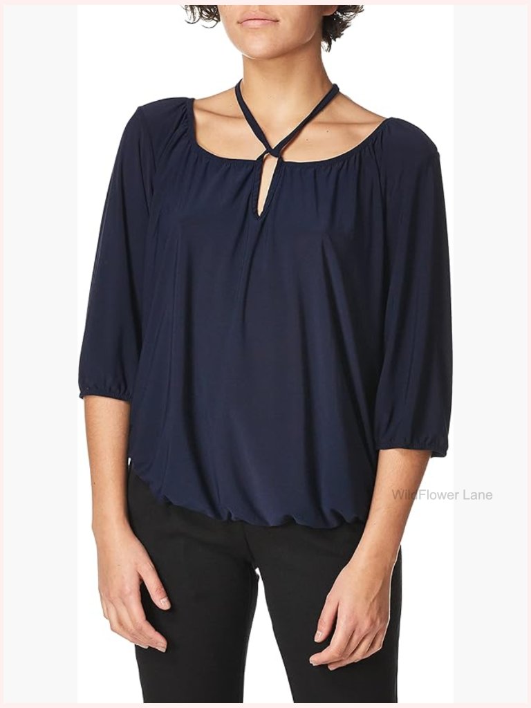 Women's 3/4 Sleeve Peasant Top Keyhole Tie Elastic Hem Tunic Blouse